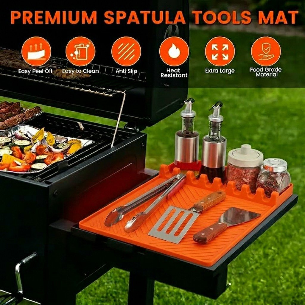 Silicone Grill Side Shelf Mat,Non-Slip Heat-Resistant BBQ Tool Holder for Spatulas, Tongs & Sauces, Oil-Proof Griddle Accessories