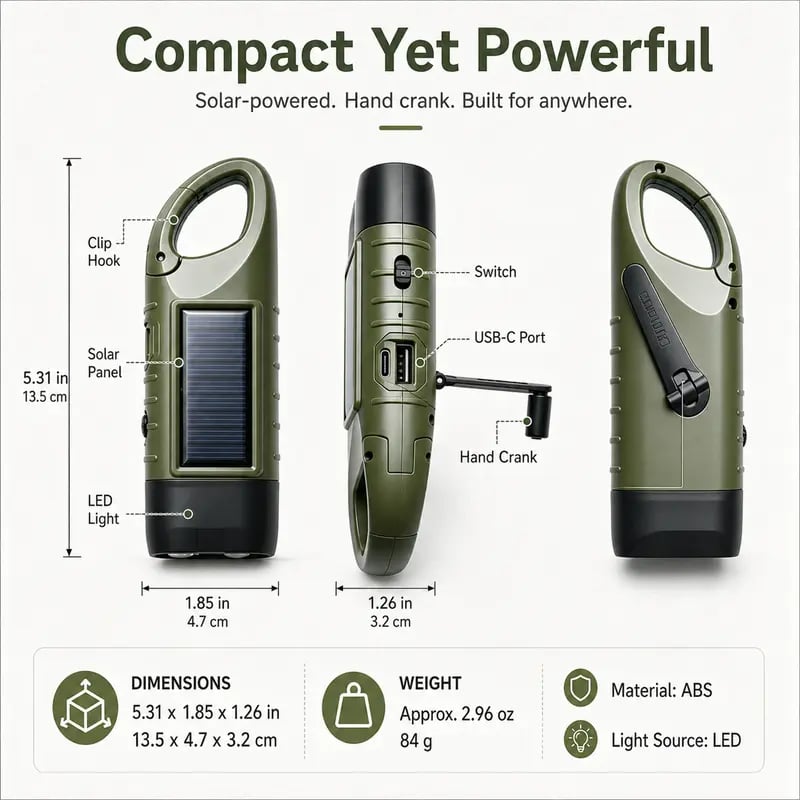2-Pack Compact ABS Body LED Lights - Solar Outdoor Hand-Crank USB-Type Flashlight with Clip, Rechargeable Survival Tool for Power Outages, Distress Signaling, Solar Outdoor Lights