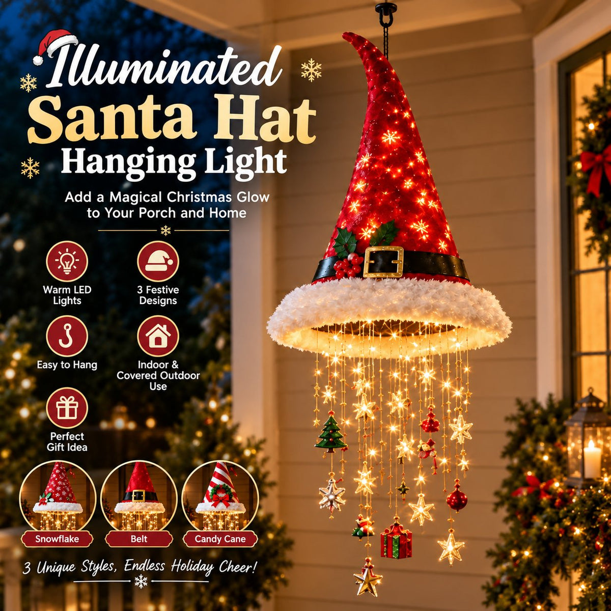 🎅 Illuminated Santa Hat Hanging Light 🎄 | 3 Festive Designs, Warm LED Lights | Christmas Decor for Indoor & Covered Outdoor Spaces, Gift Idea