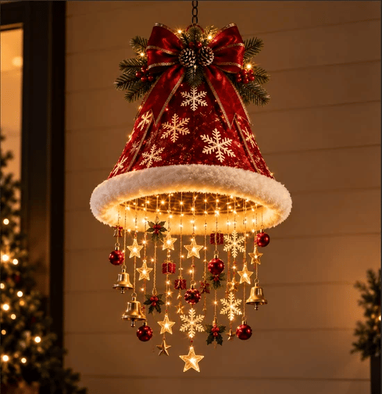 🎅 Illuminated Santa Hat Hanging Light 🎄 | 3 Festive Designs, Warm LED Lights | Christmas Decor for Indoor & Covered Outdoor Spaces, Gift Idea