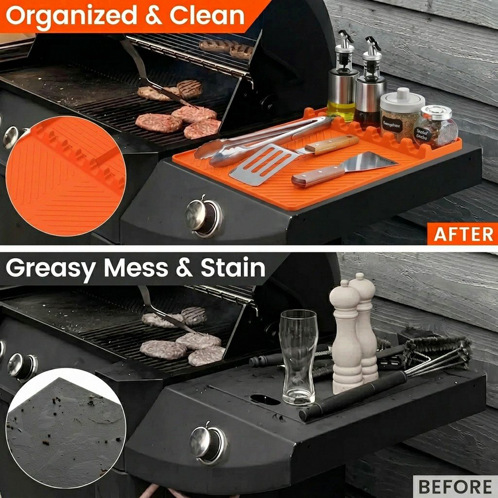 Silicone Grill Side Shelf Mat,Non-Slip Heat-Resistant BBQ Tool Holder for Spatulas, Tongs & Sauces, Oil-Proof Griddle Accessories