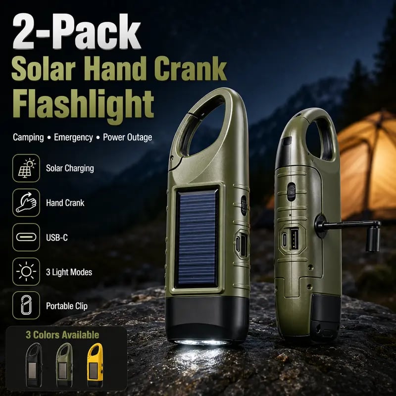 2-Pack Compact ABS Body LED Lights - Solar Outdoor Hand-Crank USB-Type Flashlight with Clip, Rechargeable Survival Tool for Power Outages, Distress Signaling, Solar Outdoor Lights