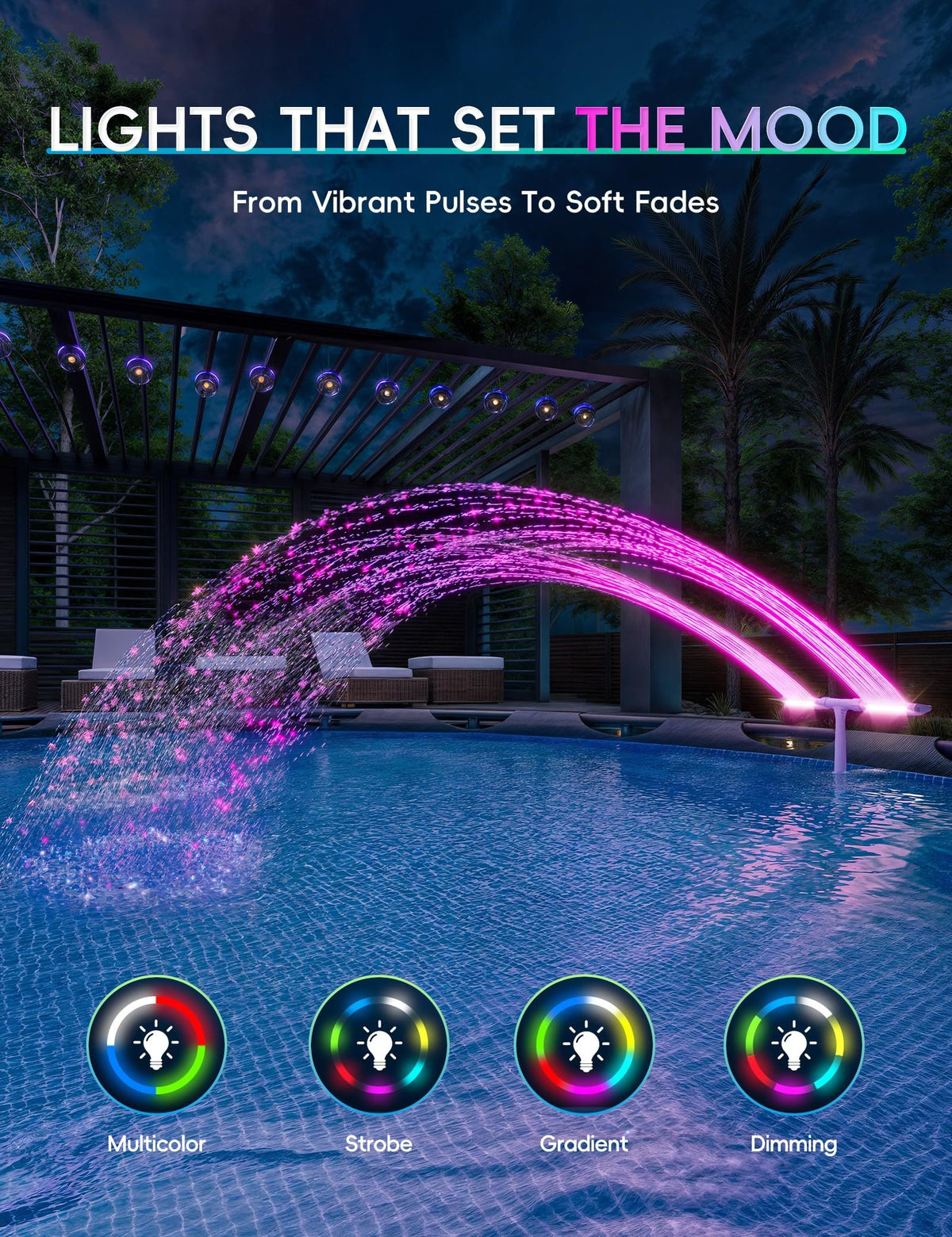 Solar Pool Fountain with Lights Dual Arc - Above/Inground Pool Fountain Lights with Remote Control