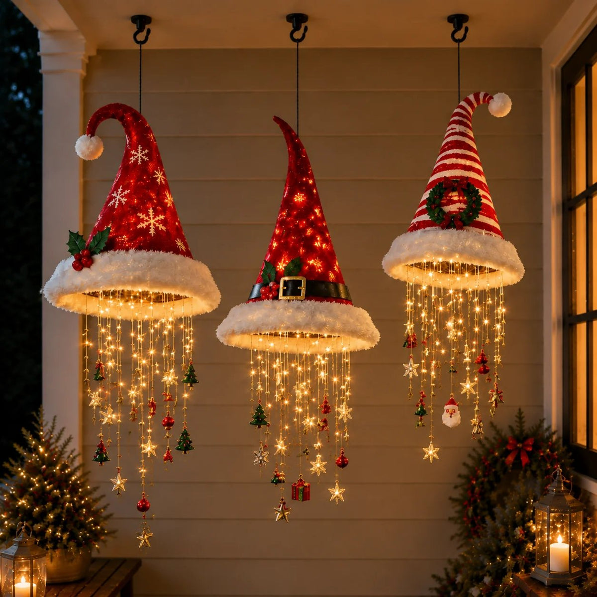 🎅 Illuminated Santa Hat Hanging Light 🎄 | 3 Festive Designs, Warm LED Lights | Christmas Decor for Indoor & Covered Outdoor Spaces, Gift Idea