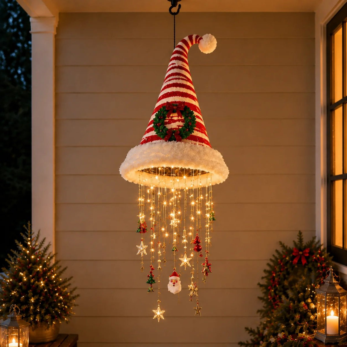 🎅 Illuminated Santa Hat Hanging Light 🎄 | 3 Festive Designs, Warm LED Lights | Christmas Decor for Indoor & Covered Outdoor Spaces, Gift Idea