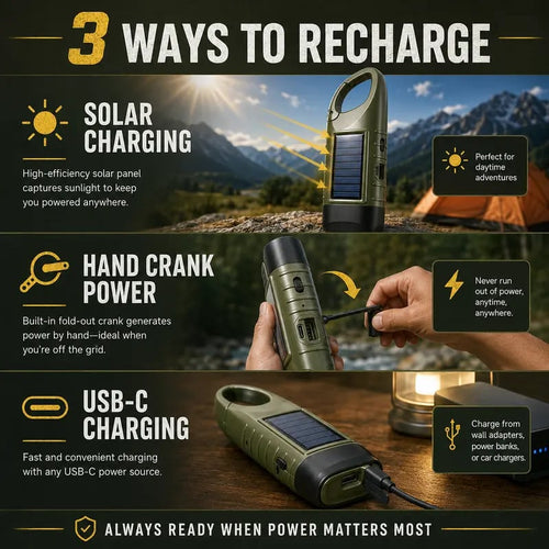 2-Pack Compact ABS Body LED Lights - Solar Outdoor Hand-Crank USB-Type Flashlight with Clip, Rechargeable Survival Tool for Power Outages, Distress Signaling, Solar Outdoor Lights