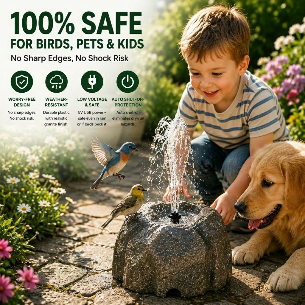 🐦⛲Realistic Granite Rock Bird Bath Fountain - No-Cords Stone Decor