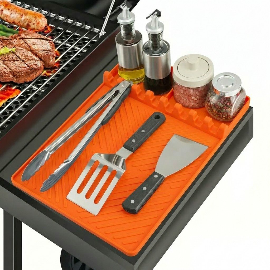 Silicone Grill Side Shelf Mat,Non-Slip Heat-Resistant BBQ Tool Holder for Spatulas, Tongs & Sauces, Oil-Proof Griddle Accessories