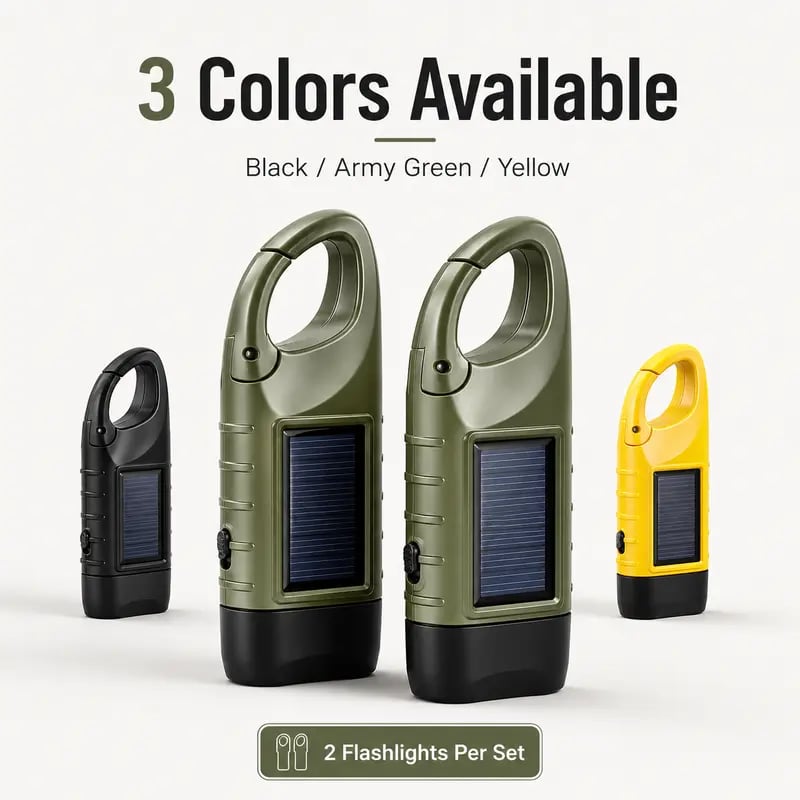 2-Pack Compact ABS Body LED Lights - Solar Outdoor Hand-Crank USB-Type Flashlight with Clip, Rechargeable Survival Tool for Power Outages, Distress Signaling, Solar Outdoor Lights