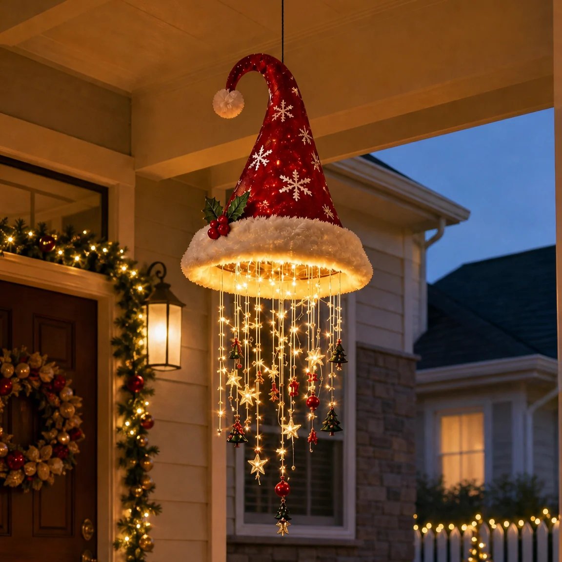 🎅 Illuminated Santa Hat Hanging Light 🎄 | 3 Festive Designs, Warm LED Lights | Christmas Decor for Indoor & Covered Outdoor Spaces, Gift Idea