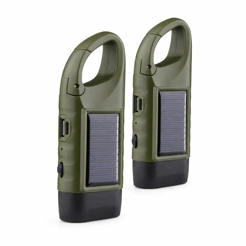 2-Pack Compact ABS Body LED Lights - Solar Outdoor Hand-Crank USB-Type Flashlight with Clip, Rechargeable Survival Tool for Power Outages, Distress Signaling, Solar Outdoor Lights