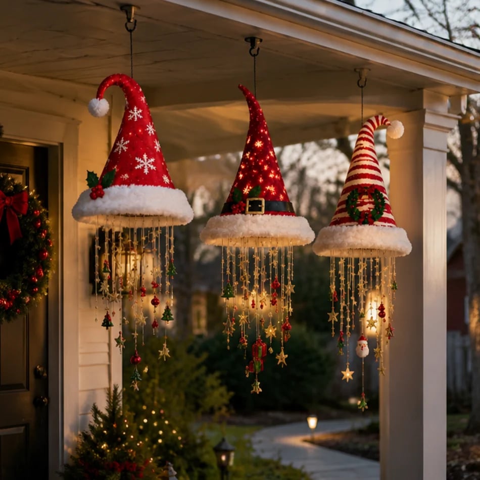 🎅 Illuminated Santa Hat Hanging Light 🎄 | 3 Festive Designs, Warm LED Lights | Christmas Decor for Indoor & Covered Outdoor Spaces, Gift Idea