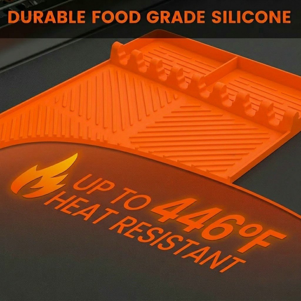 Silicone Grill Side Shelf Mat,Non-Slip Heat-Resistant BBQ Tool Holder for Spatulas, Tongs & Sauces, Oil-Proof Griddle Accessories
