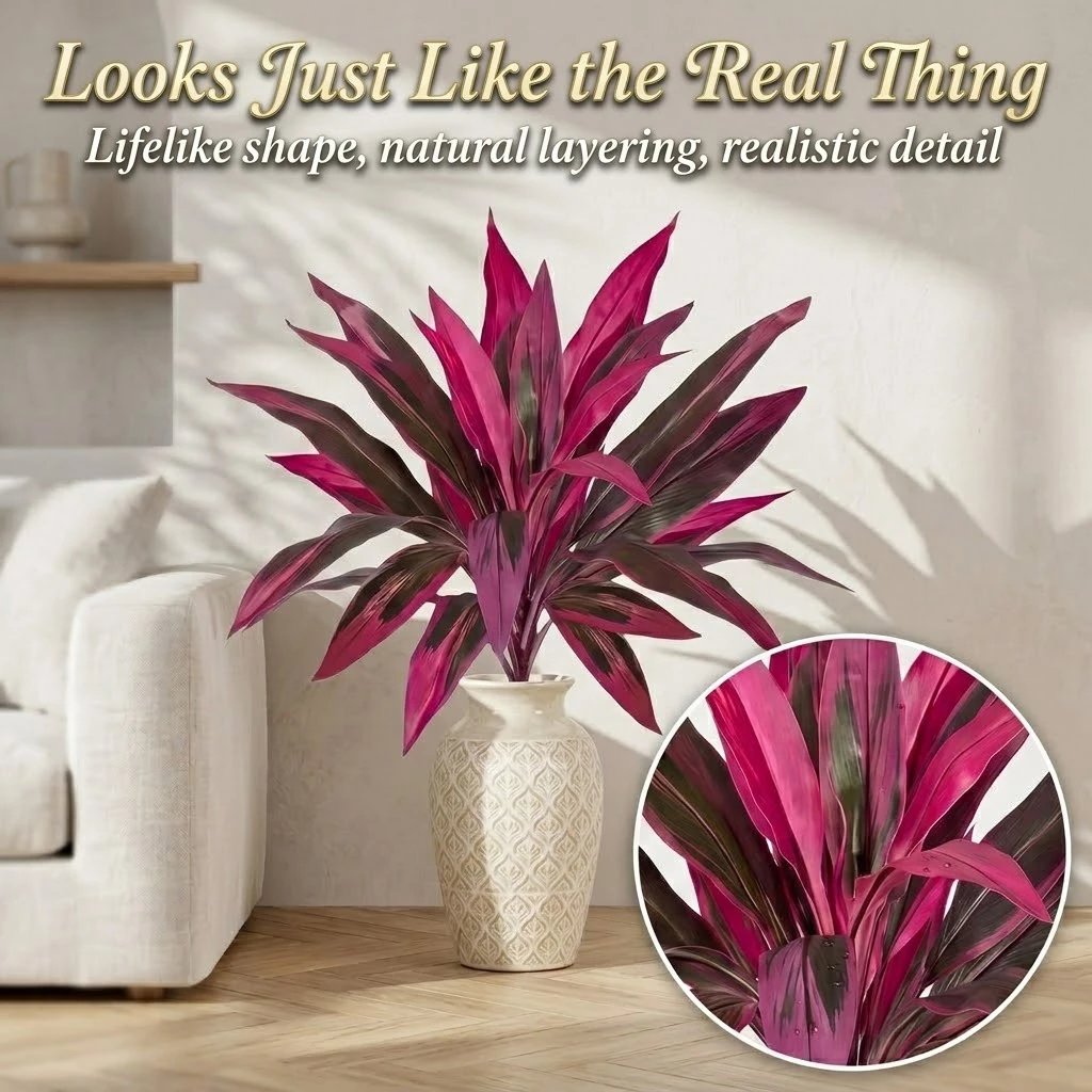 2Pcs Large Artificial Boston Fern & Dragon's Blood Tree Plants | Vibrant Pink Purple Faux Plants for Garden Patio Balcony Decor 🌼