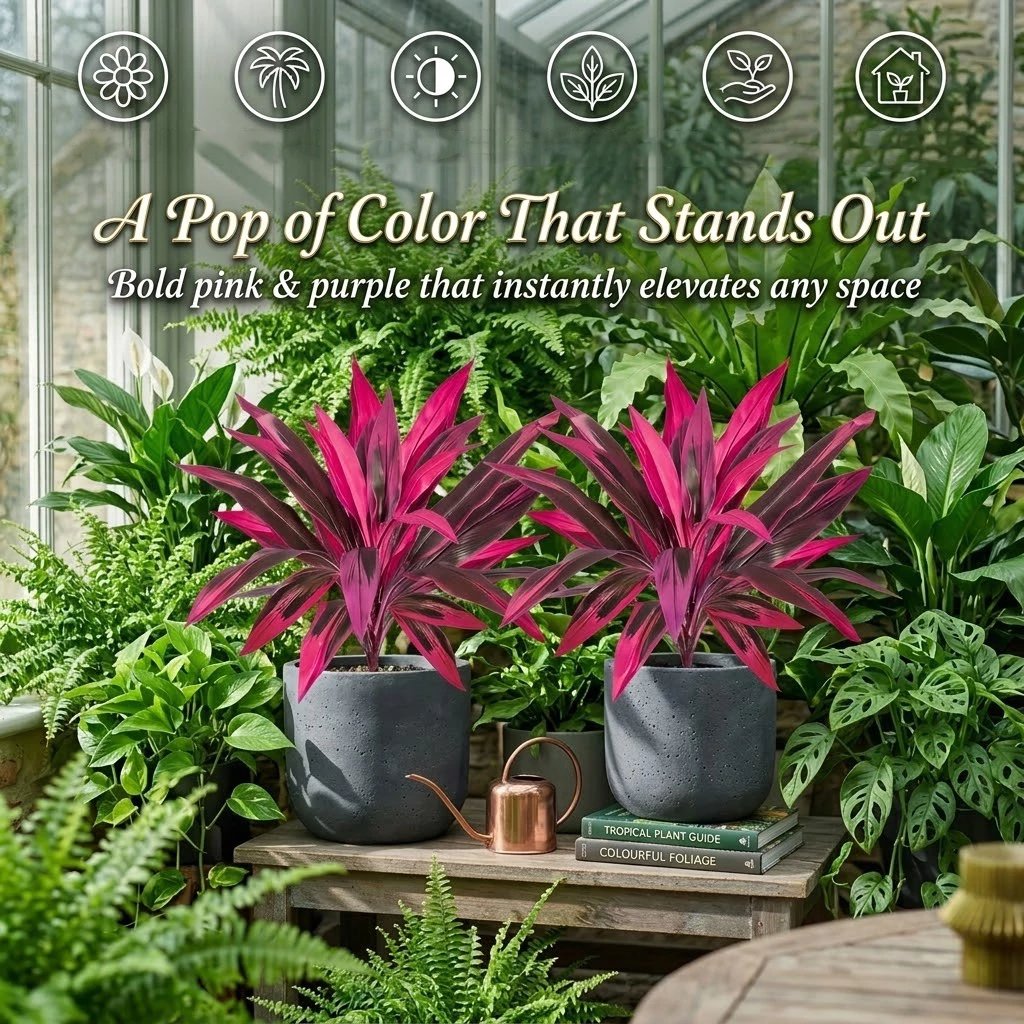 2Pcs Large Artificial Boston Fern & Dragon's Blood Tree Plants | Vibrant Pink Purple Faux Plants for Garden Patio Balcony Decor 🌼