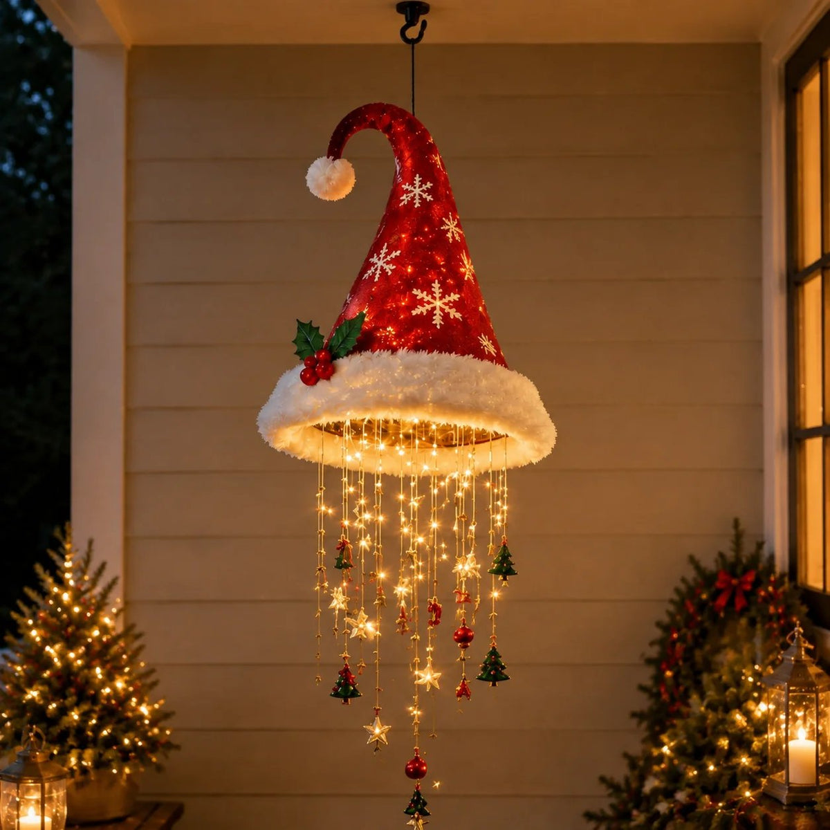 🎅 Illuminated Santa Hat Hanging Light 🎄 | 3 Festive Designs, Warm LED Lights | Christmas Decor for Indoor & Covered Outdoor Spaces, Gift Idea